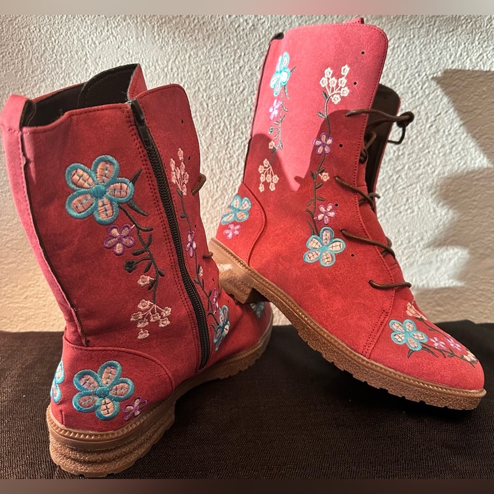 Floral Embroidered Red Combat Boots